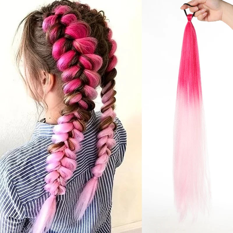 26" Synthetic Ponytail Extension Ombre Pink Purple Blue | Kanekalon