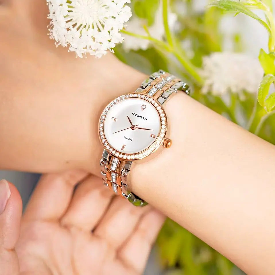 REBIRTH Women's Rose Gold Quartz Watch Diamond Bezel | Gift