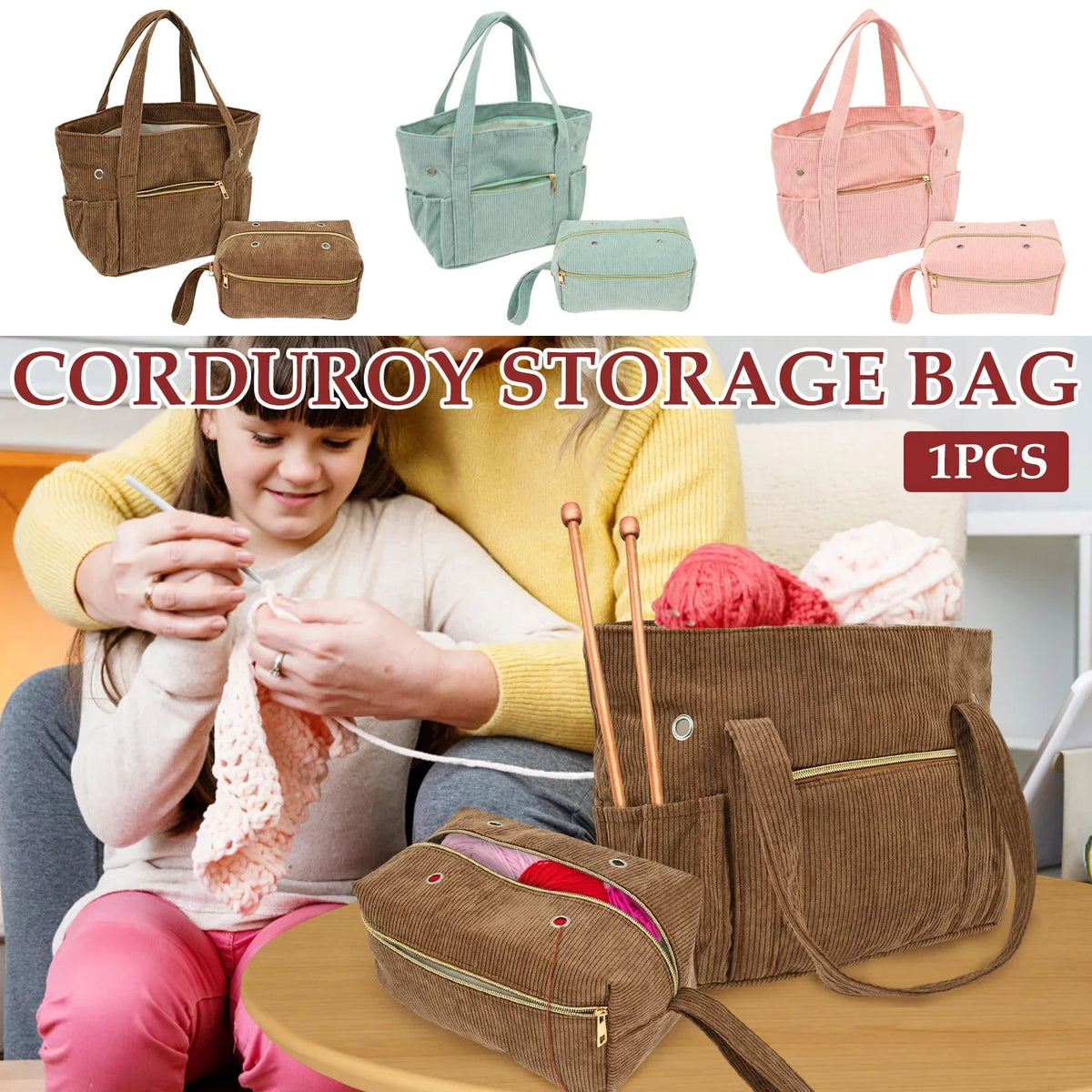 Corduroy Crochet Bag Set – Large Yarn Tote with Needle Holder