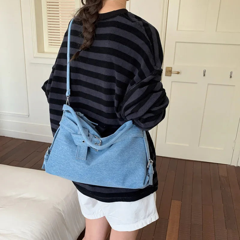 Korean-Style Large Denim Tote Bag – Shoulder & Crossbody