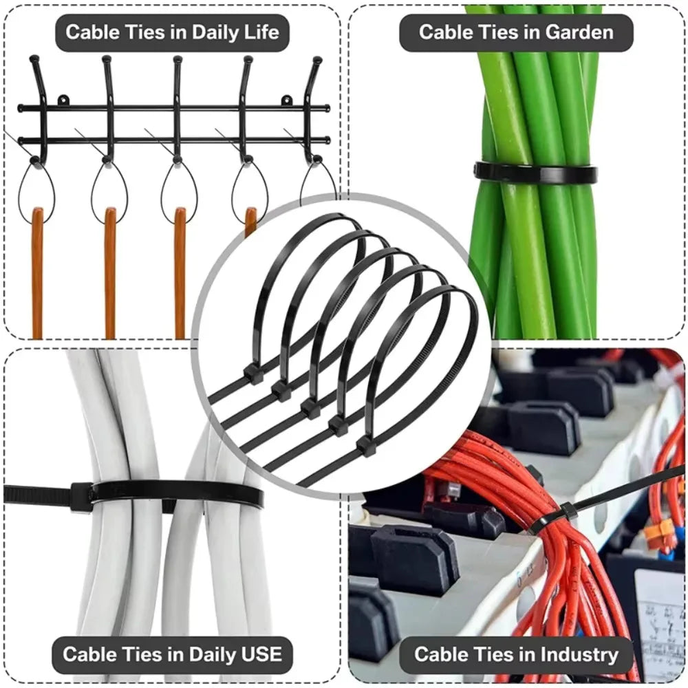 100 PCS Nylon Cable Ties Set – Black Self-Locking Zip Wraps