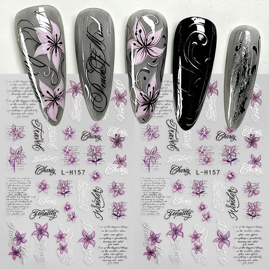 Purple Lily Floral Nail Stickers & Cursive Letter Decals – 2pcs