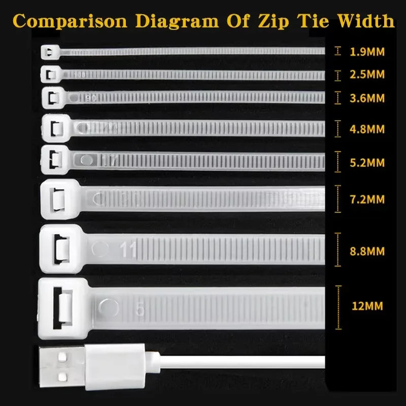 100/1000 PCS Self-Locking Nylon Cable Zip Ties White Straps