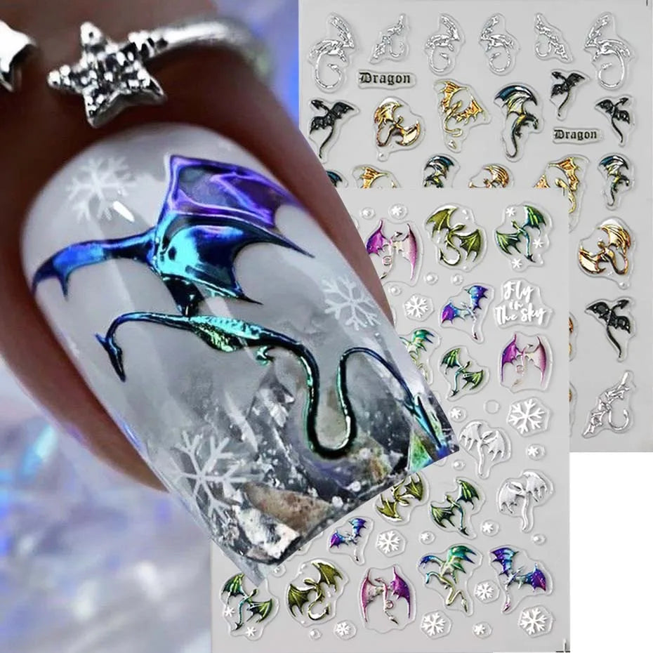 5D Embossed Dragon & Snowflake Nail Stickers – Metallic Decals