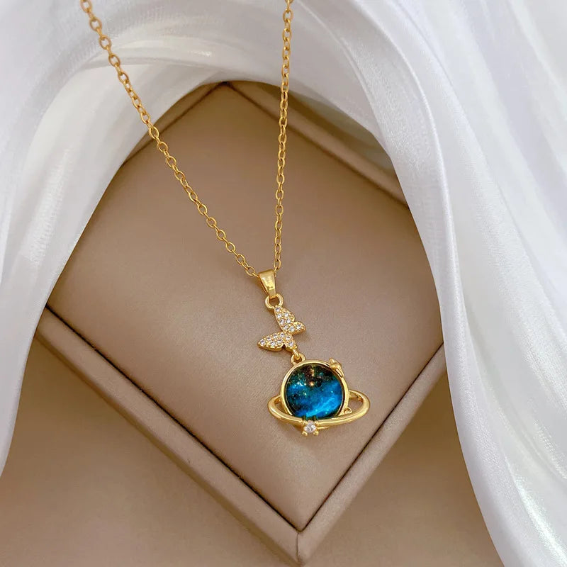 Starry Sky Butterfly Pendant Necklace Gold Stainless Steel