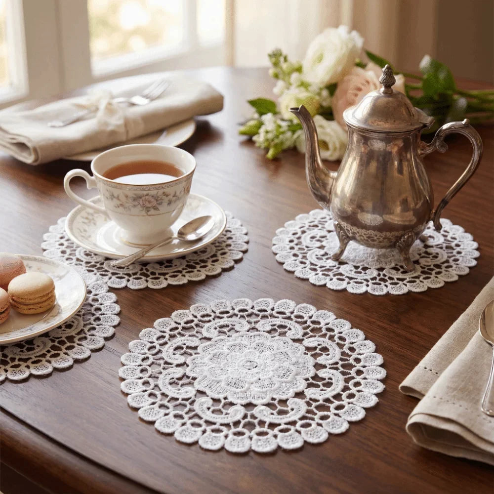 Round White Lace Embroidery Placemat – Floral Hollow Table Mat