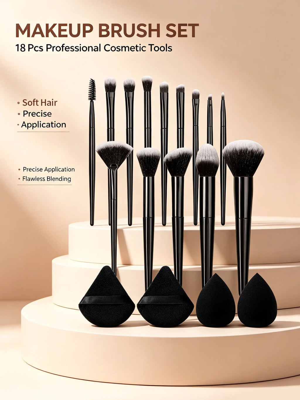 18PCS Makeup Brush Set with Sponges & Puffs – Soft Synthetic