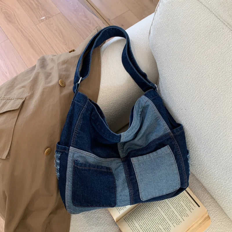 Denim Patchwork Crossbody Bag | Japanese Retro Messenger Bag