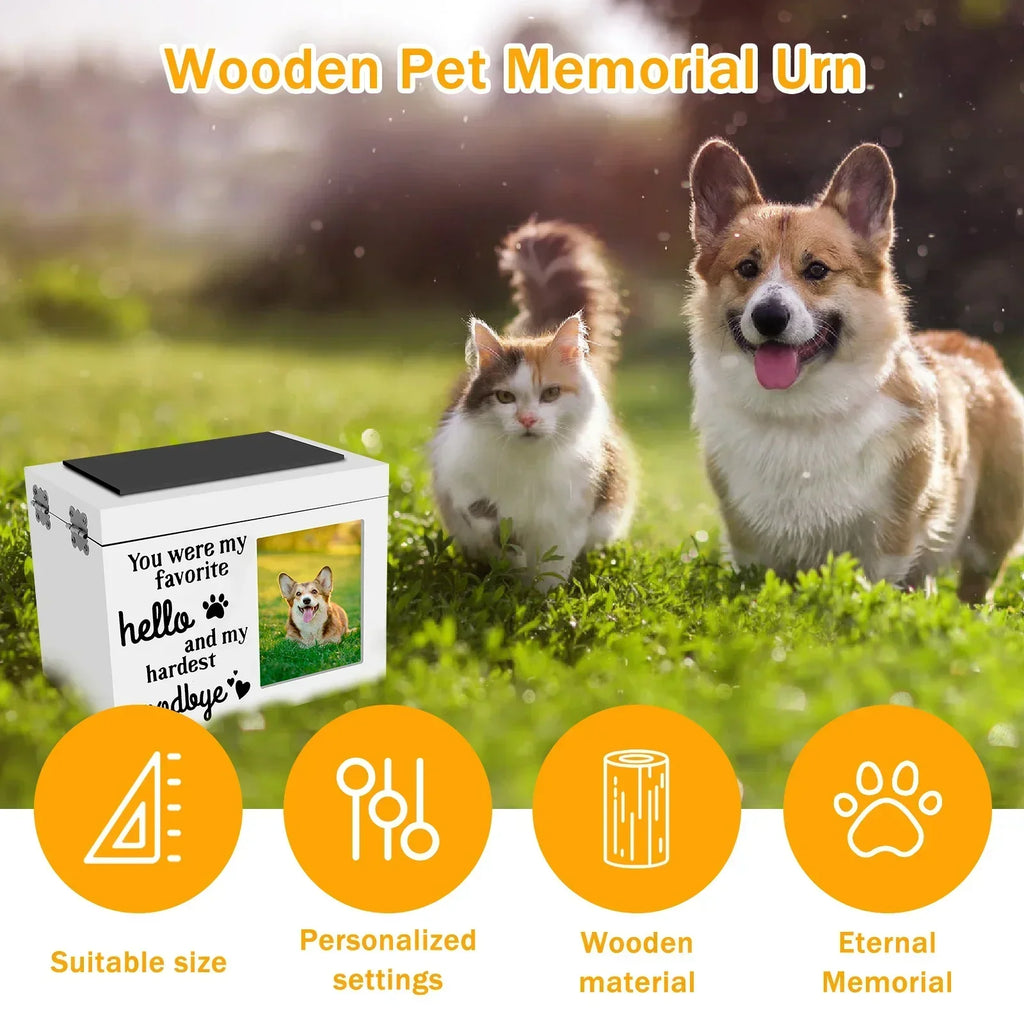 Wood Pet Memorial Urn with Photo Frame, Key & Lock – Dog & Cat