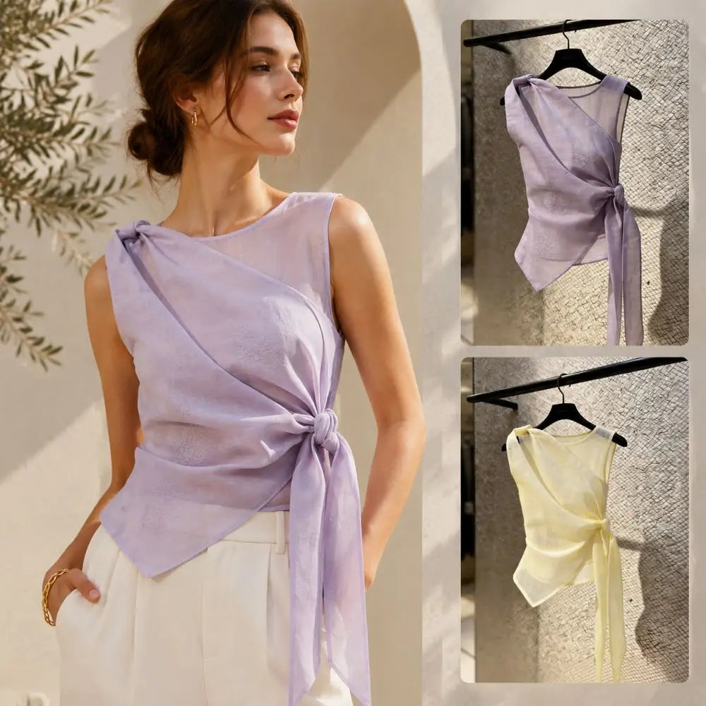 Women's Sleeveless Tulle Tie-Front Top | Elegant Chinese Style