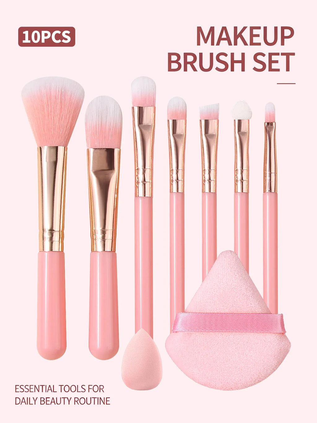10-Piece Makeup Brush Kit with Powder Puff & Sponge