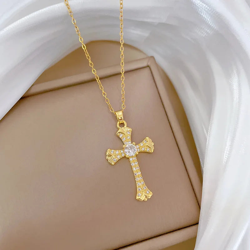 Women's Gold Cross Pendant Necklace – Stainless Steel Choker