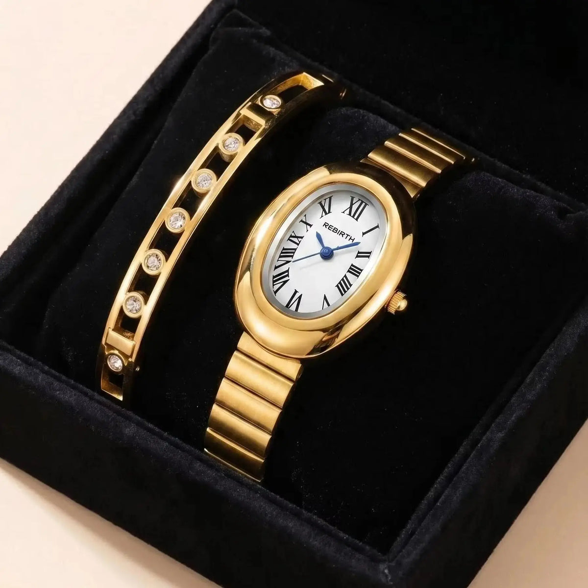 Women's Gold Watch & Bracelet Set – Quartz Roman Numeral Dial