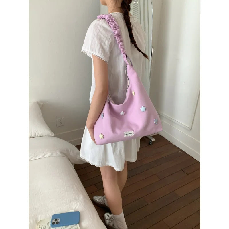 Korean Star Canvas Drawstring Crossbody Shoulder Bag for Women