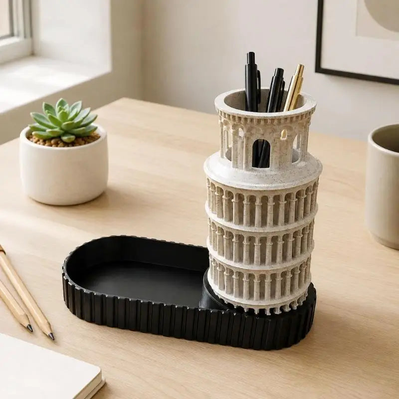 Leaning Tower Decorative Pencil Cup with Side Storage Tray