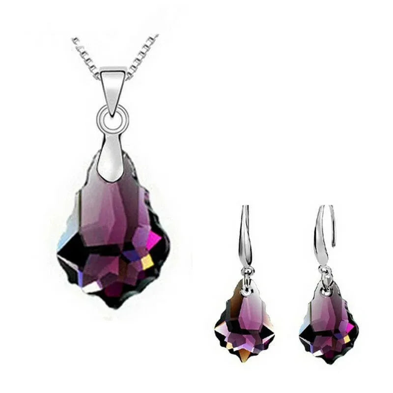 Women's Silver Purple Crystal Drop Necklace & Earrings Set