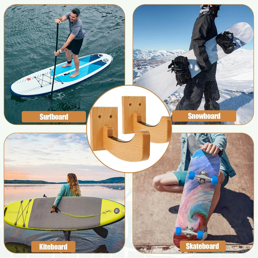 Wood Surfboard Wall Rack – Longboard Skateboard Snowboard Hanger