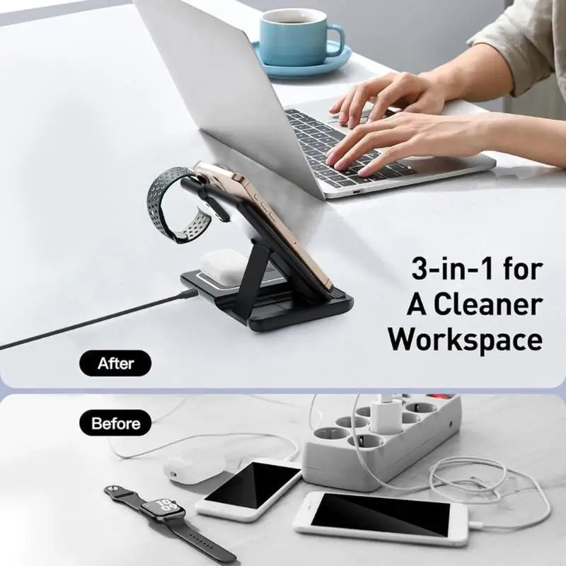3-in-1 Foldable Wireless Charging Stand – Phone Watch Earbuds