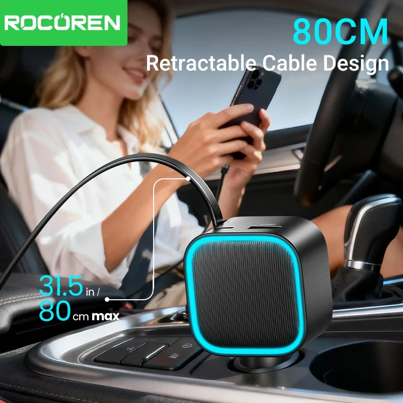 Rocoren 3-in-1 PD 30W Retractable Car Charger 2C+A Ports