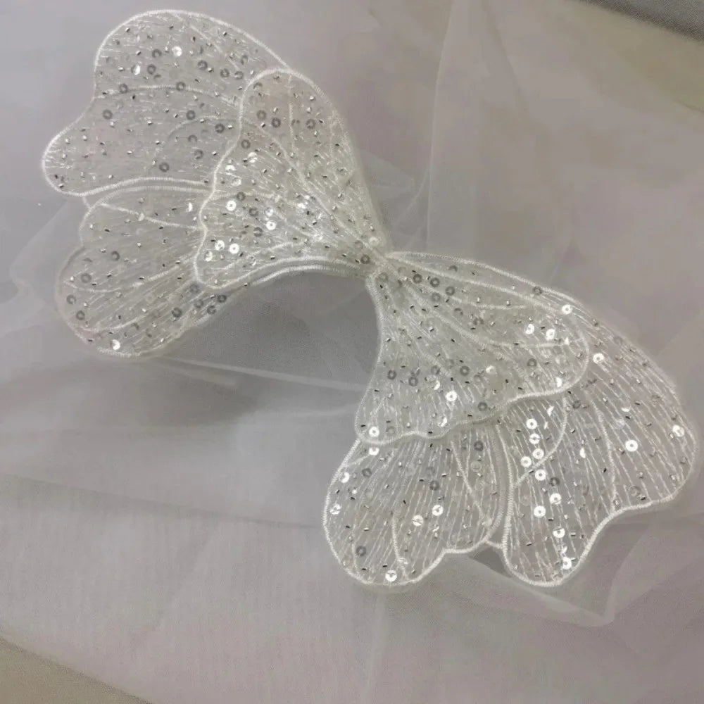 Silvery Bow Lace Patch – Sequin Bead Embroidery Bridal Appliqué