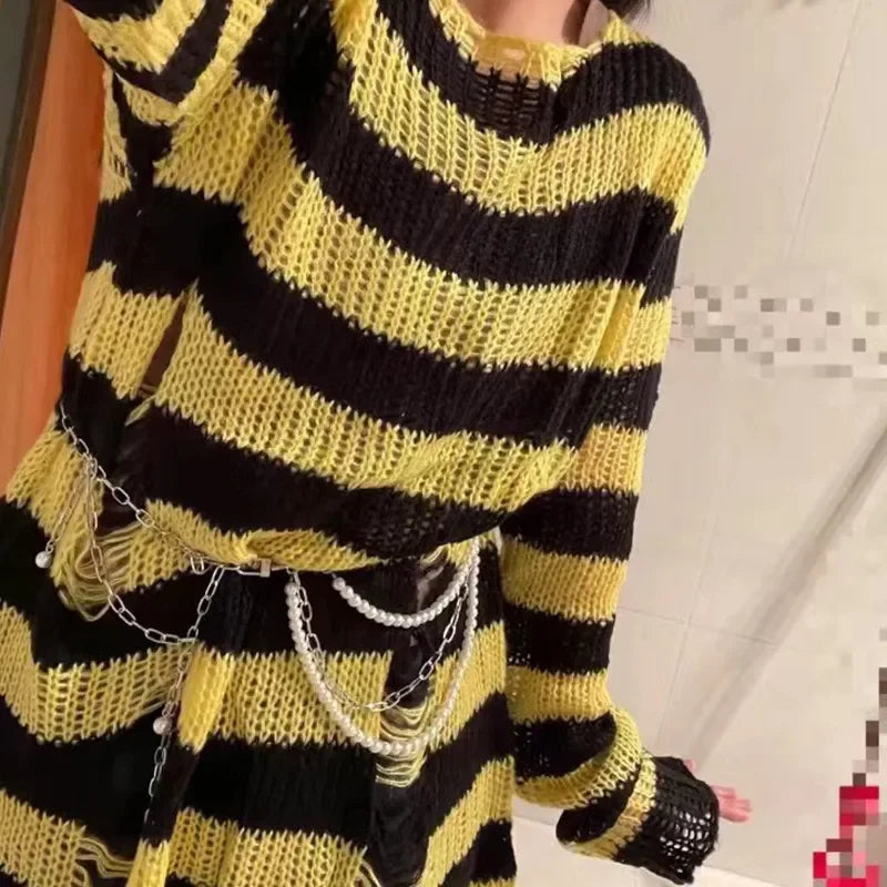 Women's Punk Gothic Oversized Striped Hollow Knit Pullover Sweater
