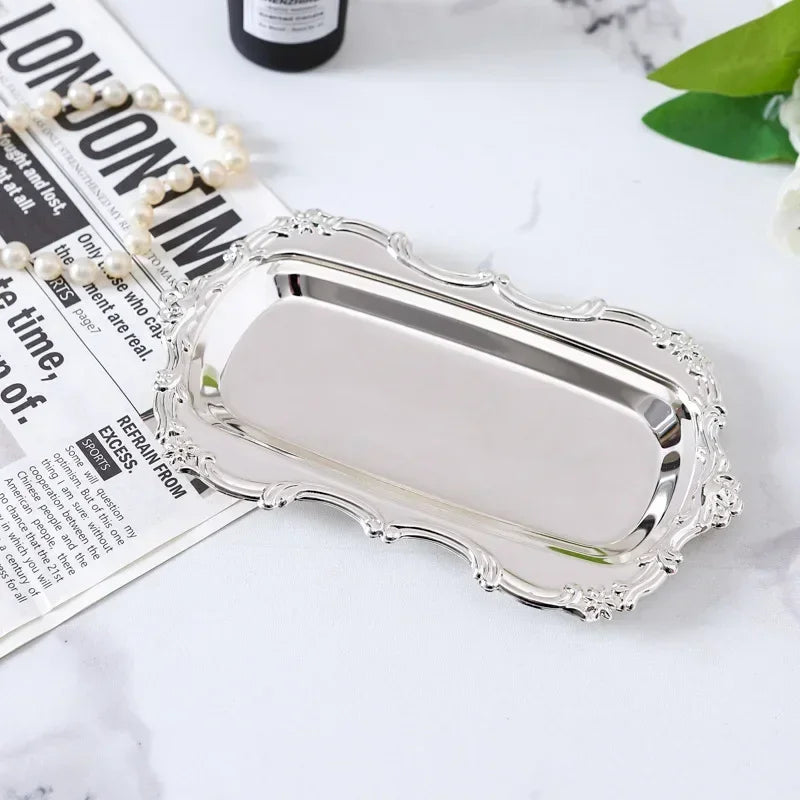 Vintage Embossed Metal Serving Tray – Dessert & Jewelry Organizer