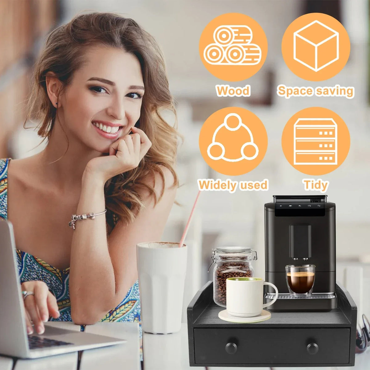 Wood Coffee Station Organizer with Drawer – Countertop Stand