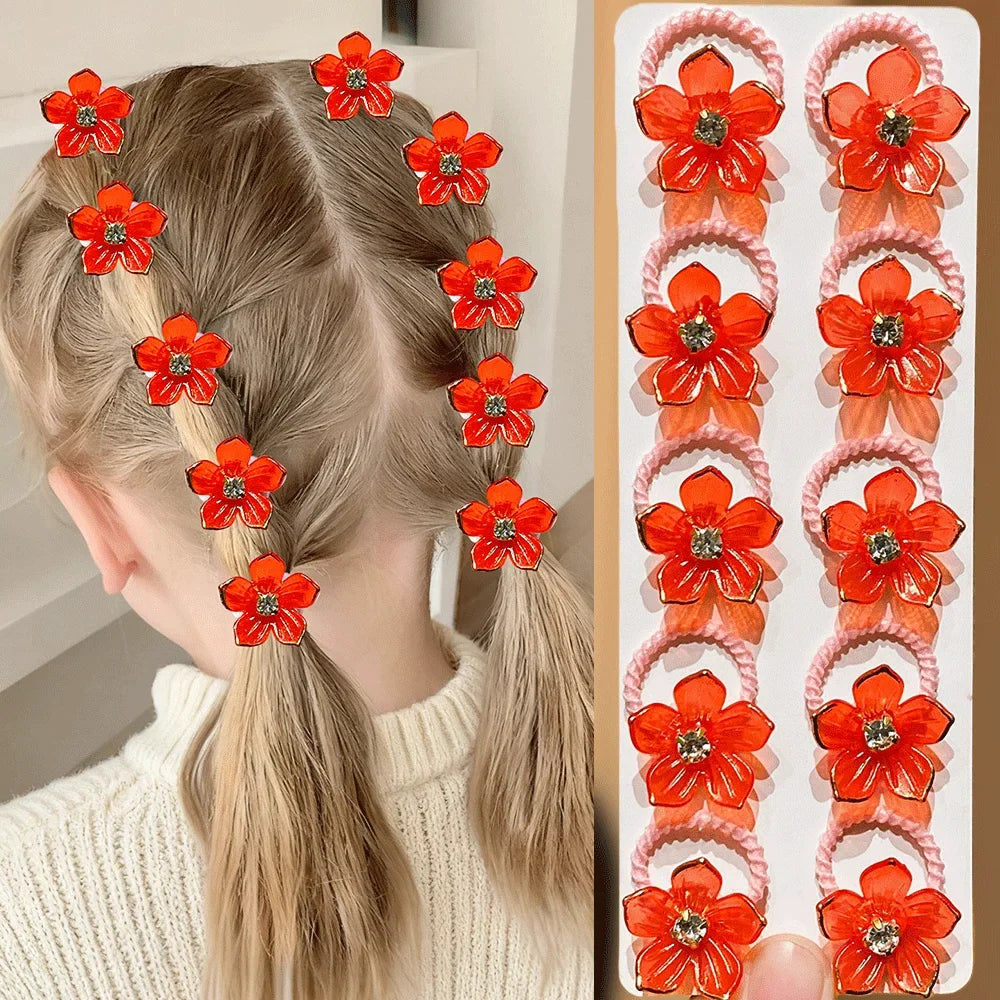 10pcs Girls Rhinestone Flower Elastic Hair Ties | Hair Bands