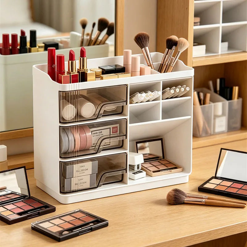 Slanted Makeup Brush Holder with 3 Drawers | Vanity Organizer