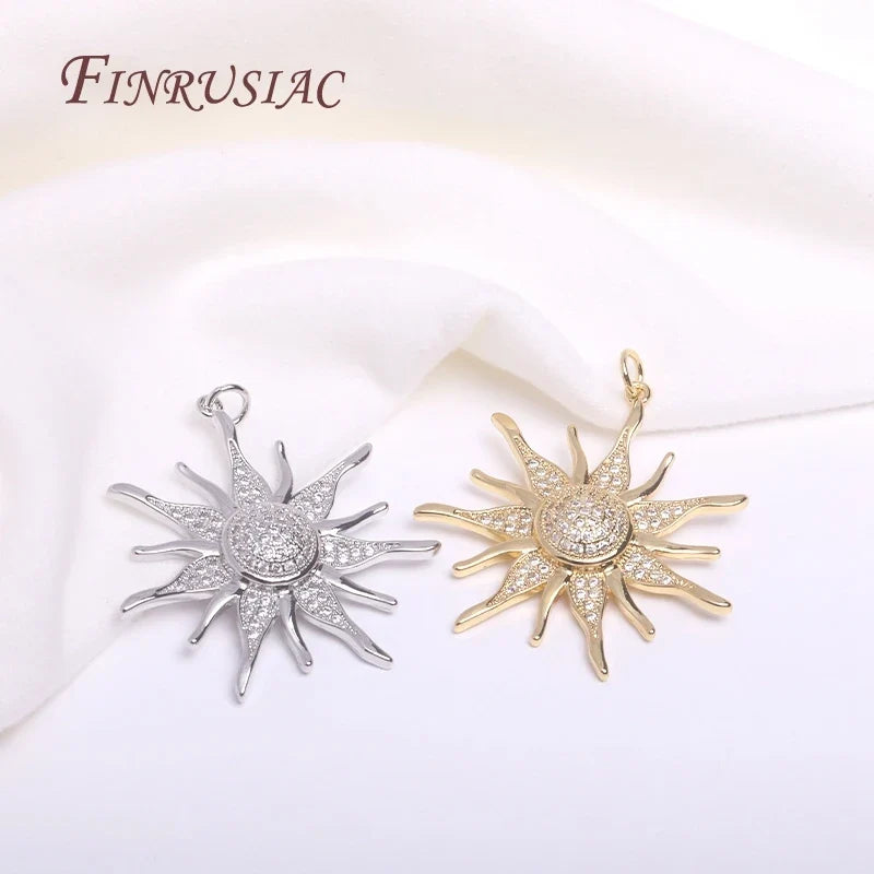 18K Gold Plated Sunflower Pendant – 33mm Brass Zircon Charm