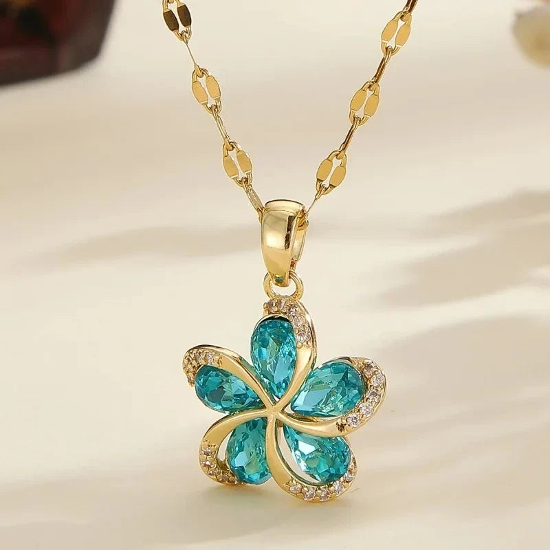 Women's Gold Flower Pendant Necklace – Zircon & Stainless Steel