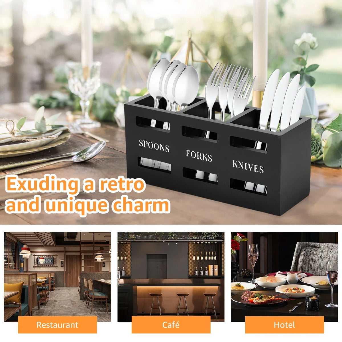 Wood Utensil Caddy – 3-Compartment Silverware Organizer