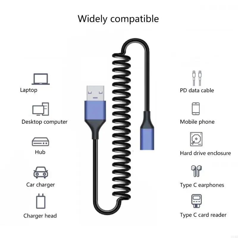 Coiled USB-A to USB-C Adapter Cable | Retractable 44–150cm