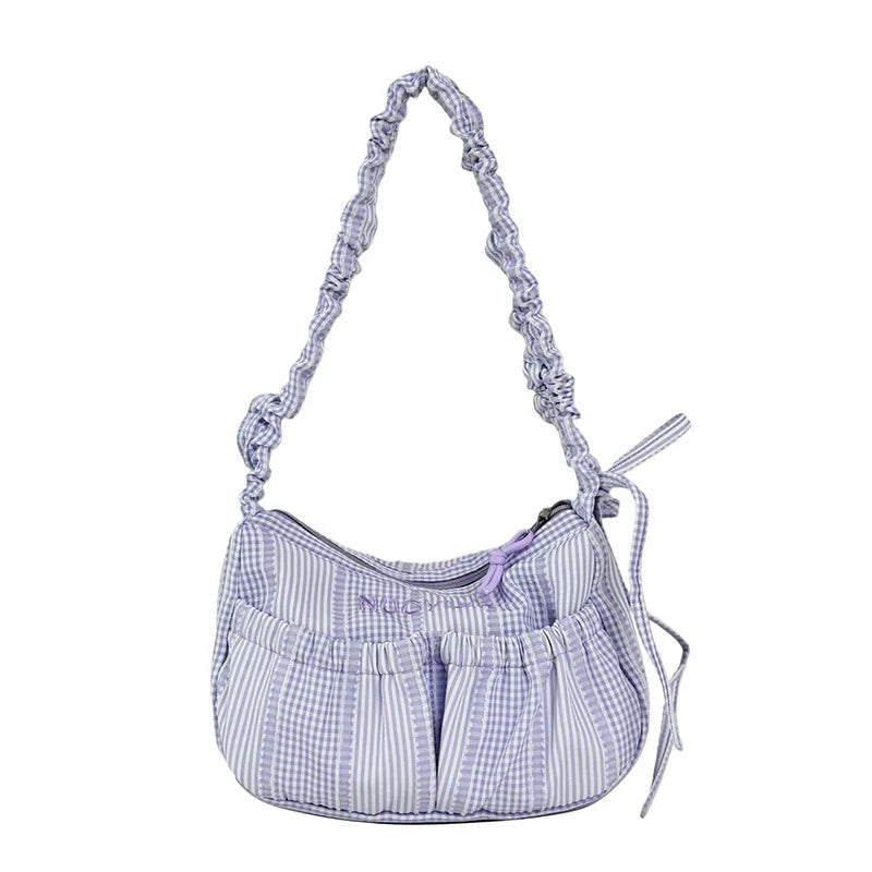 Blue White Plaid Lace Drawstring Crossbody Shoulder Bag