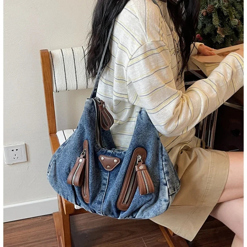 Y2K Denim Shoulder Bag Large Tote Commuter Handbag | Nixie