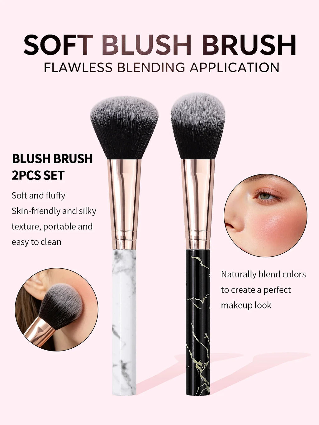 2Pcs Marble Handle Blush Brushes – Soft Fluffy Face Makeup