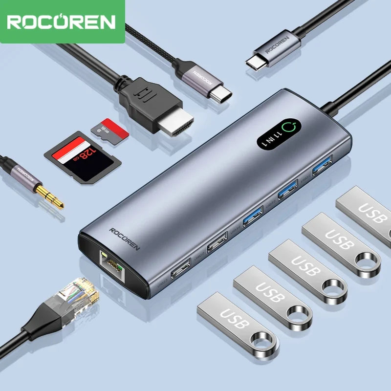 Rocoren 11-in-1 USB-C Hub PD 100W RJ45 SD Docking Station