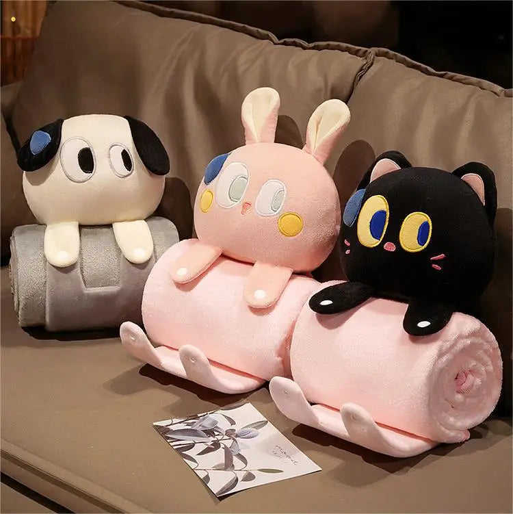 Cartoon 2-in-1 Throw Pillow Blanket – Soft Plush Foldable Nap