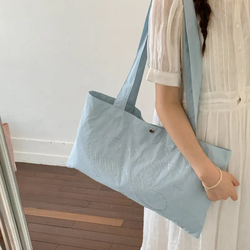 Embroidered Heart Canvas Shoulder Tote Bag – Large Women's