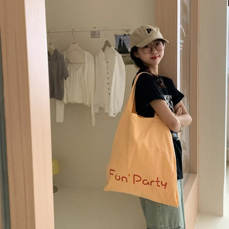 Korean Letter Print Canvas Tote Bag – Large Capacity Cream