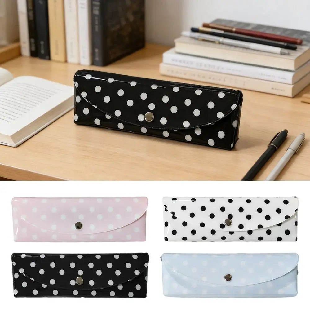 PVC Polka Dot Pencil Case Snap-Button Pen Pouch School Office