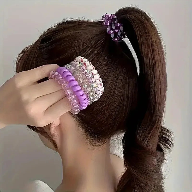 6-Pack Spiral Elastic Hair Ties – Colorful Telephone Wire Bands