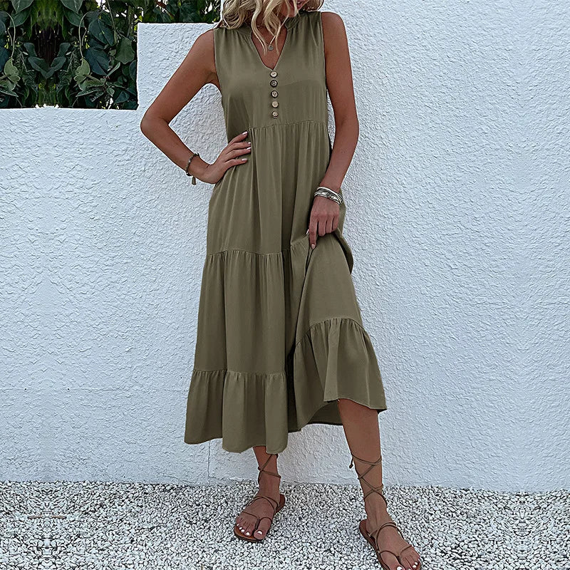Women's Sleeveless V-Neck Ruffle Midi Sundress | SAILASIDIYA