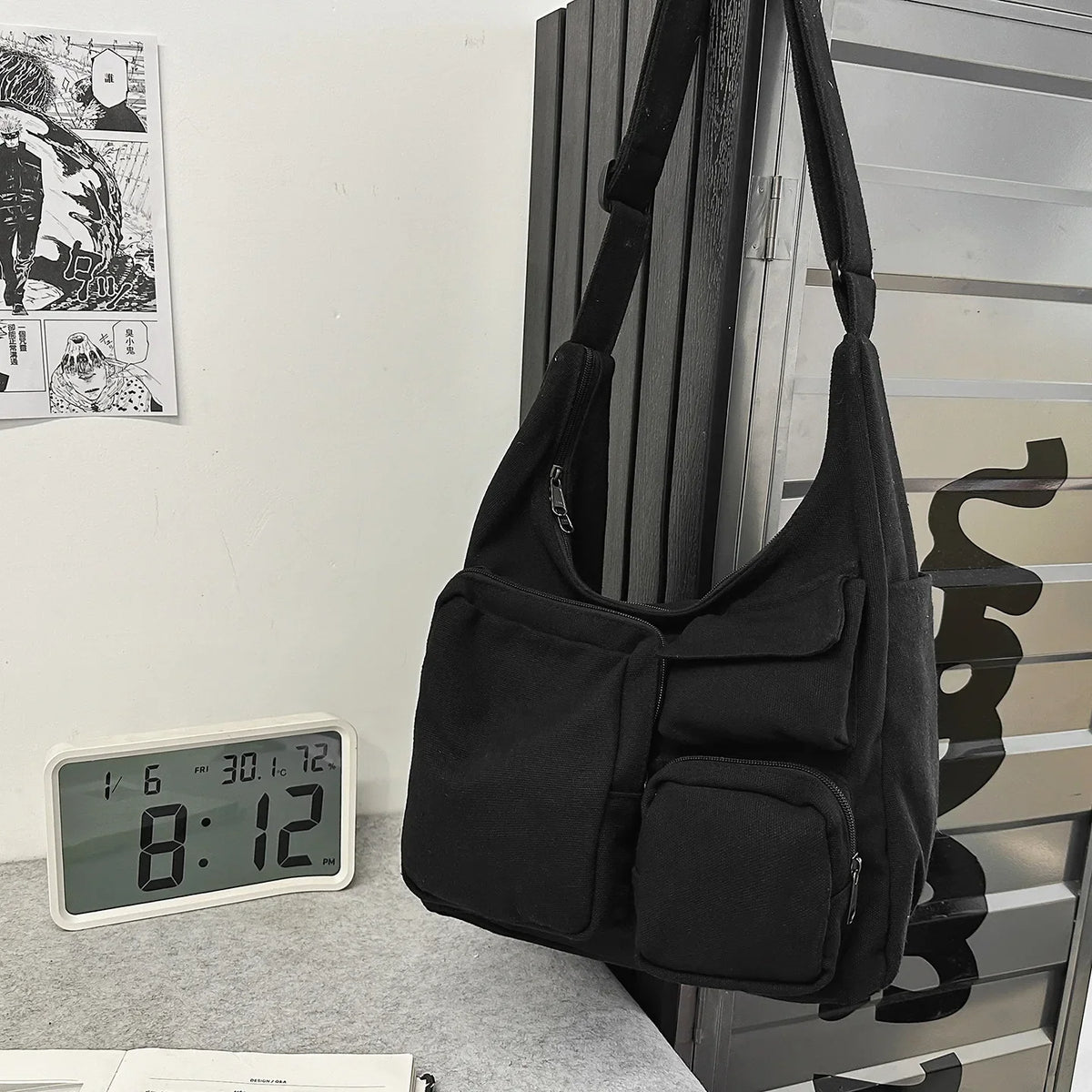 Large Canvas Dumpling Crossbody Bag – Unisex Multi-Pocket