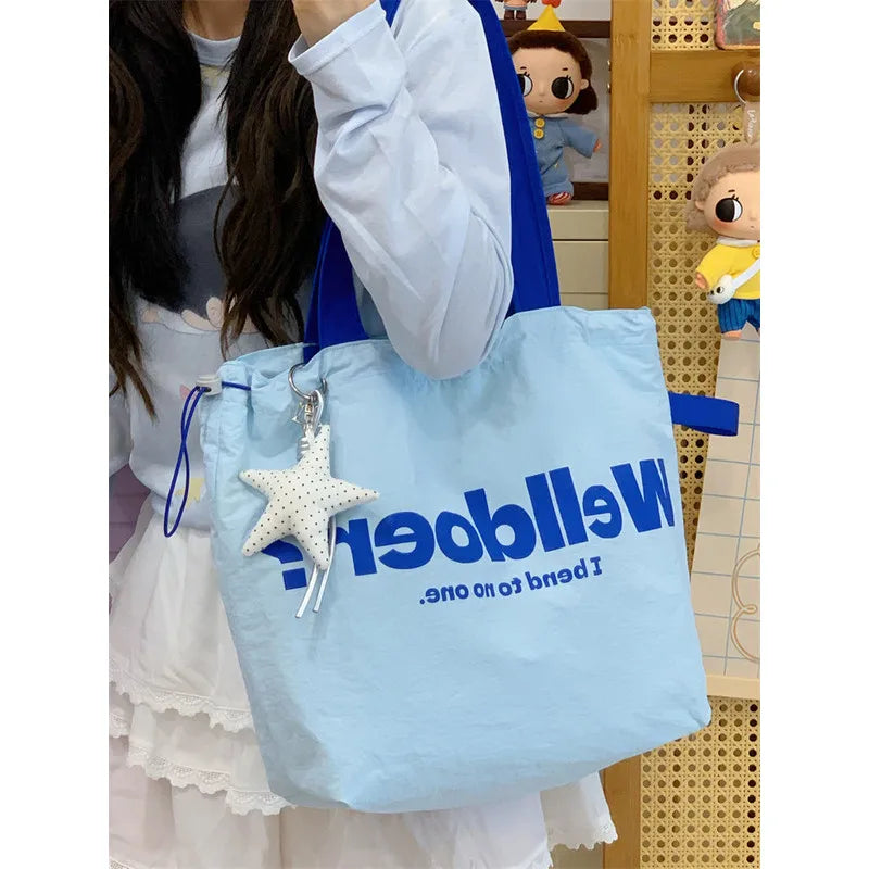 Korean Color-Block Canvas Tote Bag – Large Drawstring Shoulder Bag