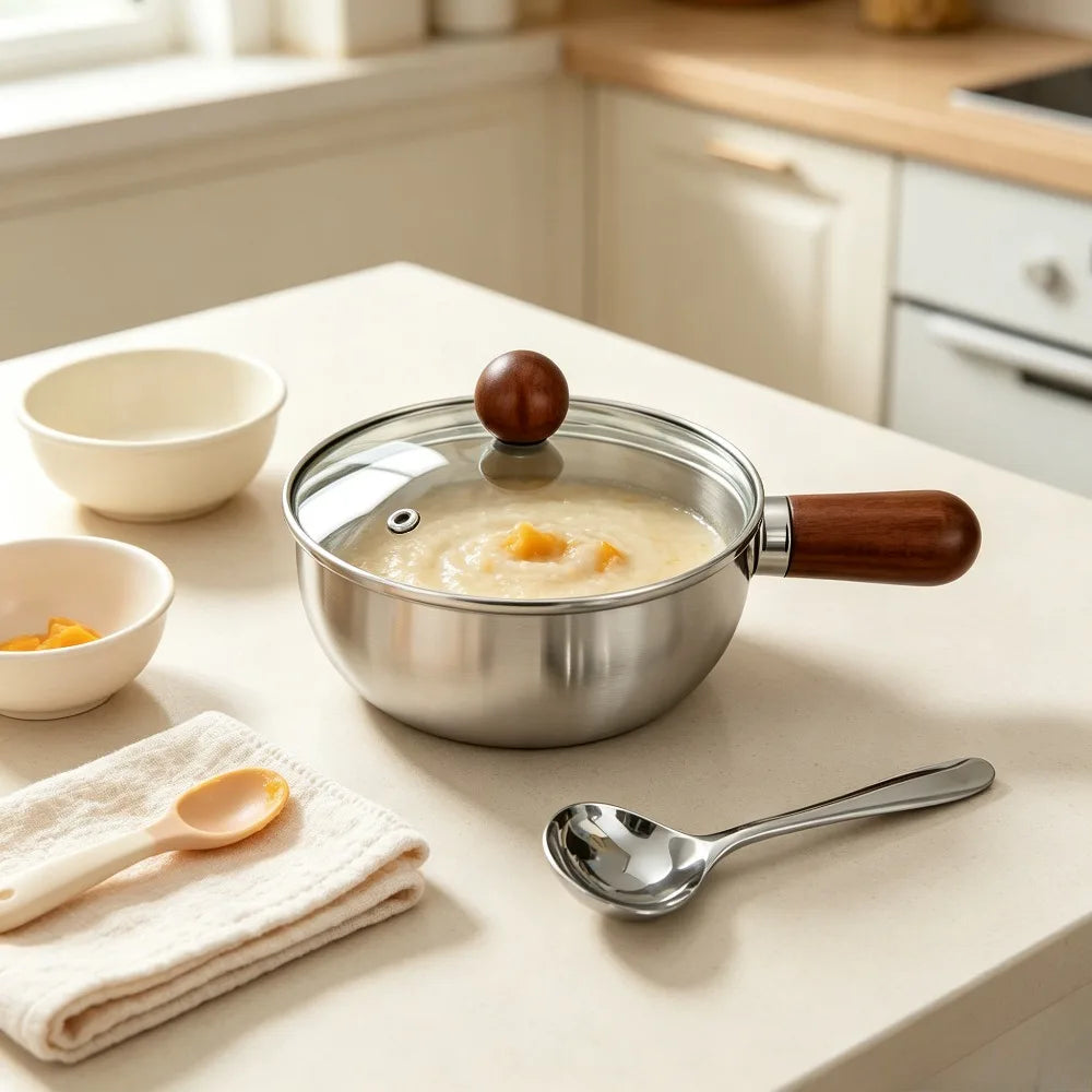 Stainless Steel Mini Saucepan Set – Wooden Handle, Lid & Spoon