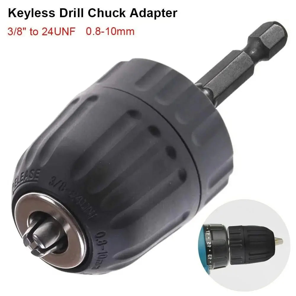 Keyless Drill Chuck 0.8–10mm | 3/8"-24UNF + 1/4" Hex Adapter