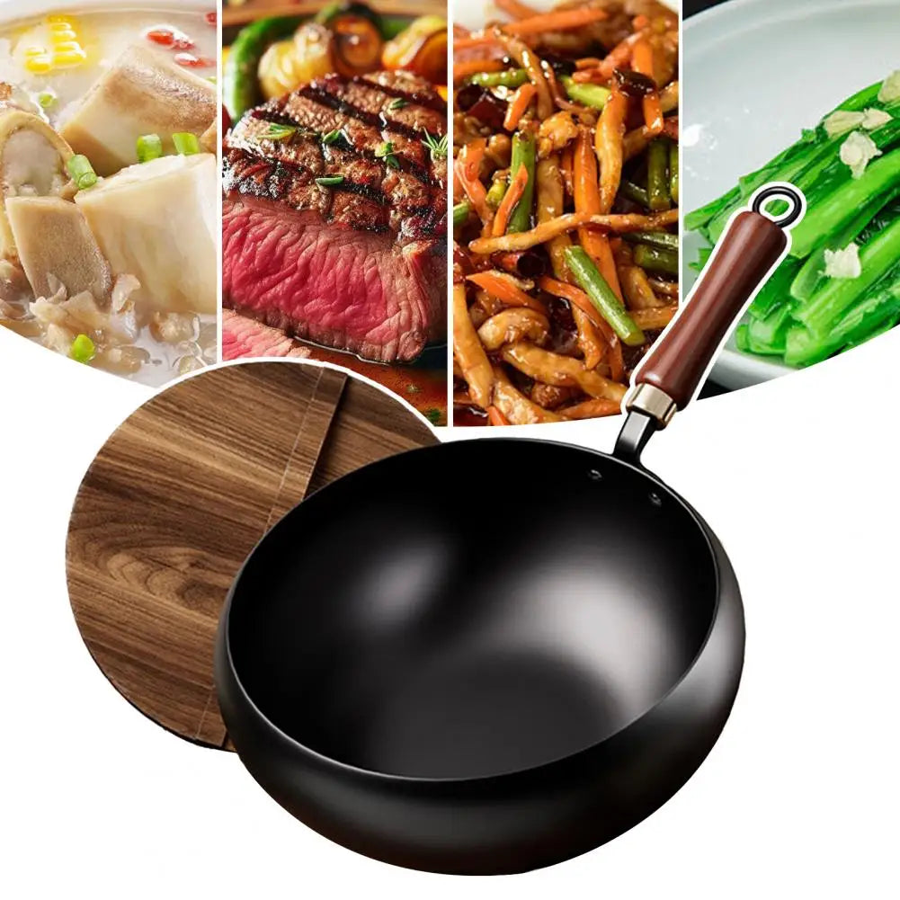 Forged Iron Wok with Wooden Lid – Nonstick, All Stovetops