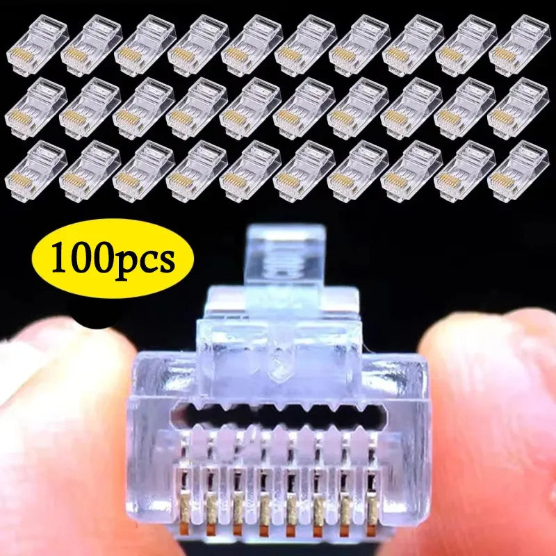 100Pcs RJ45 CAT6 CAT5e Pass-Through Connectors Gold-Plated 8P8C