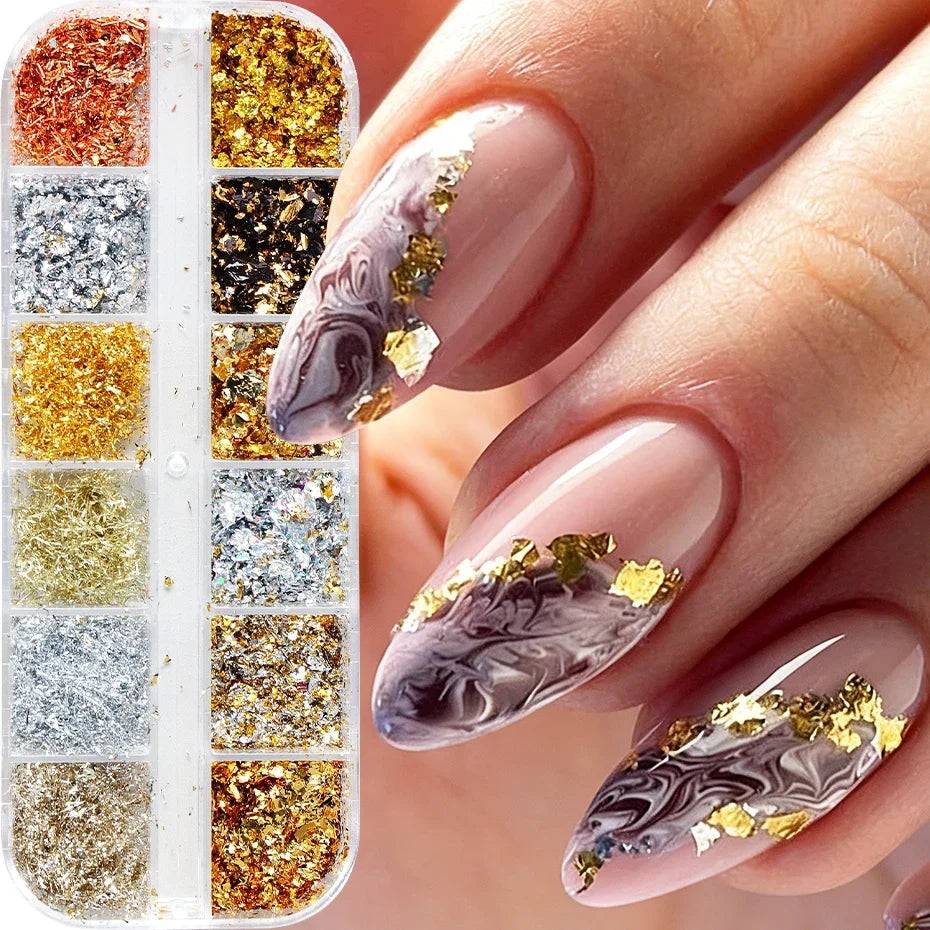 12-Grid Gold & Silver Glitter Nail Art Flakes Sequins Set